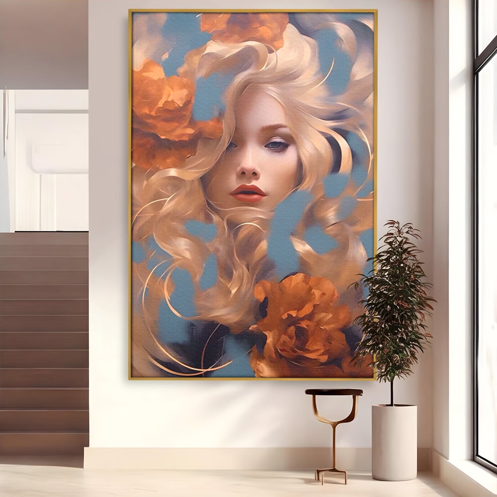 Tablou canvas cu portret de femeie cu flori portocalii, in rama de aluminiu auriu